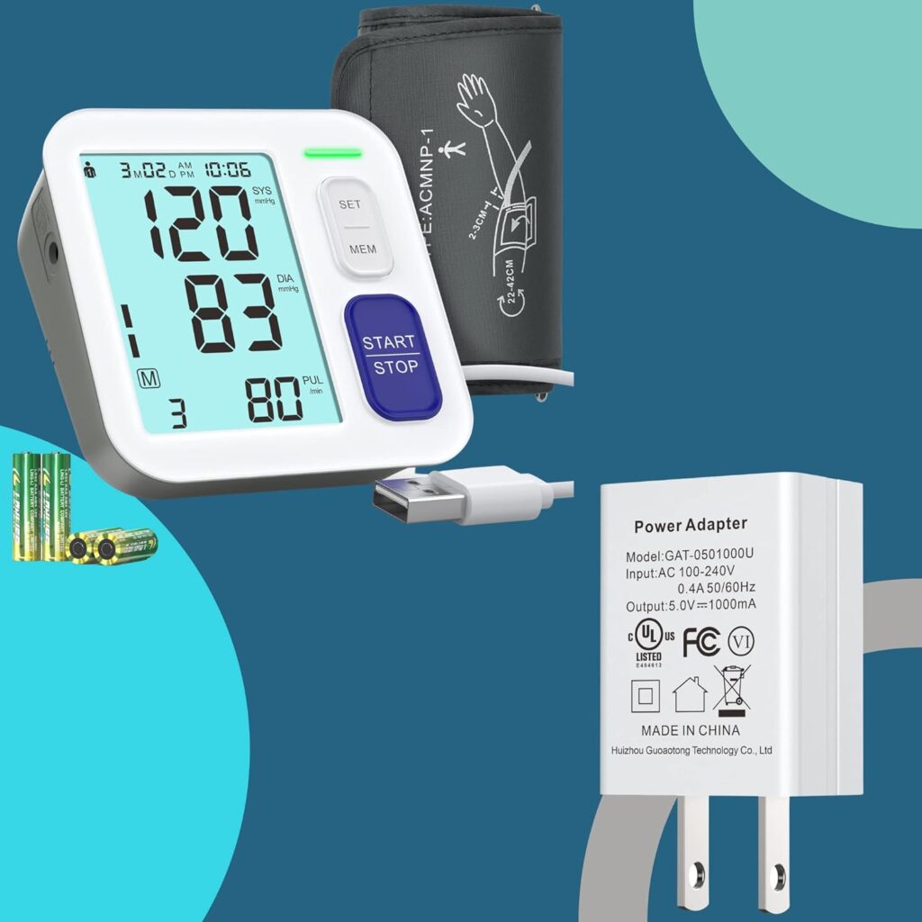 Arm Blood Pressure Monitor for Home Use, Bundled with Wall Plug 5V 1000mAh, Medium/Large Size 9-17, Accurate Automatic Digital BP Monitor 2-User 1000 Mem