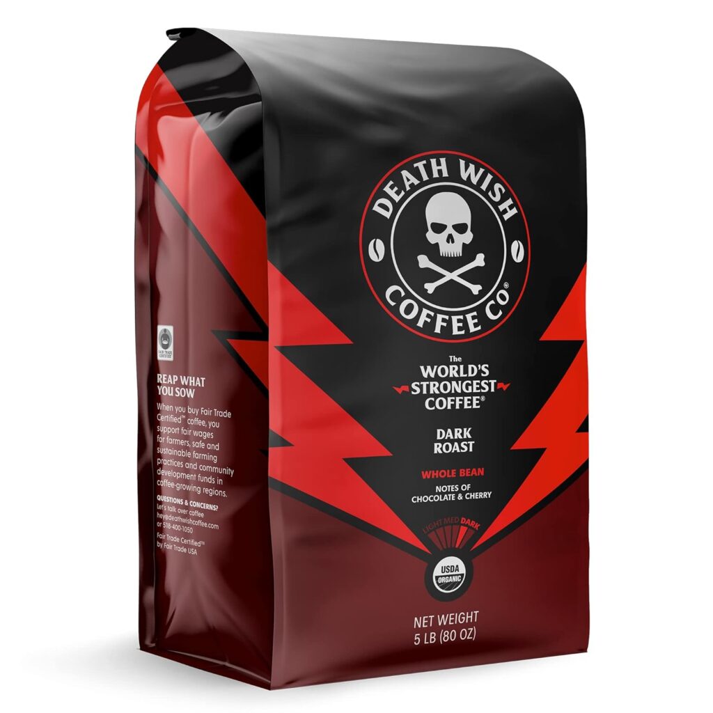 Death Wish Coffee Co. Whole Bean Coffee [5 Lbs.] The Worlds Strongest Coffee, USDA Certified Organic, Fair Trade, Arabica and Robusta Beans (1-Pack)