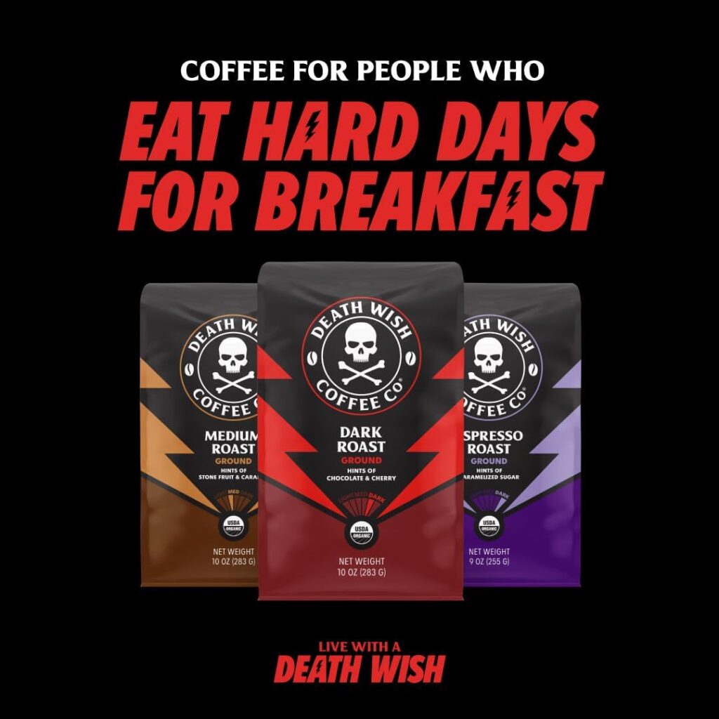 Death Wish Coffee Co. Whole Bean Espresso Roast - Extra Kick of Caffeine - Organic, Fair Trade, Arabaica and Robusta Coffee Beans (1-Pack)