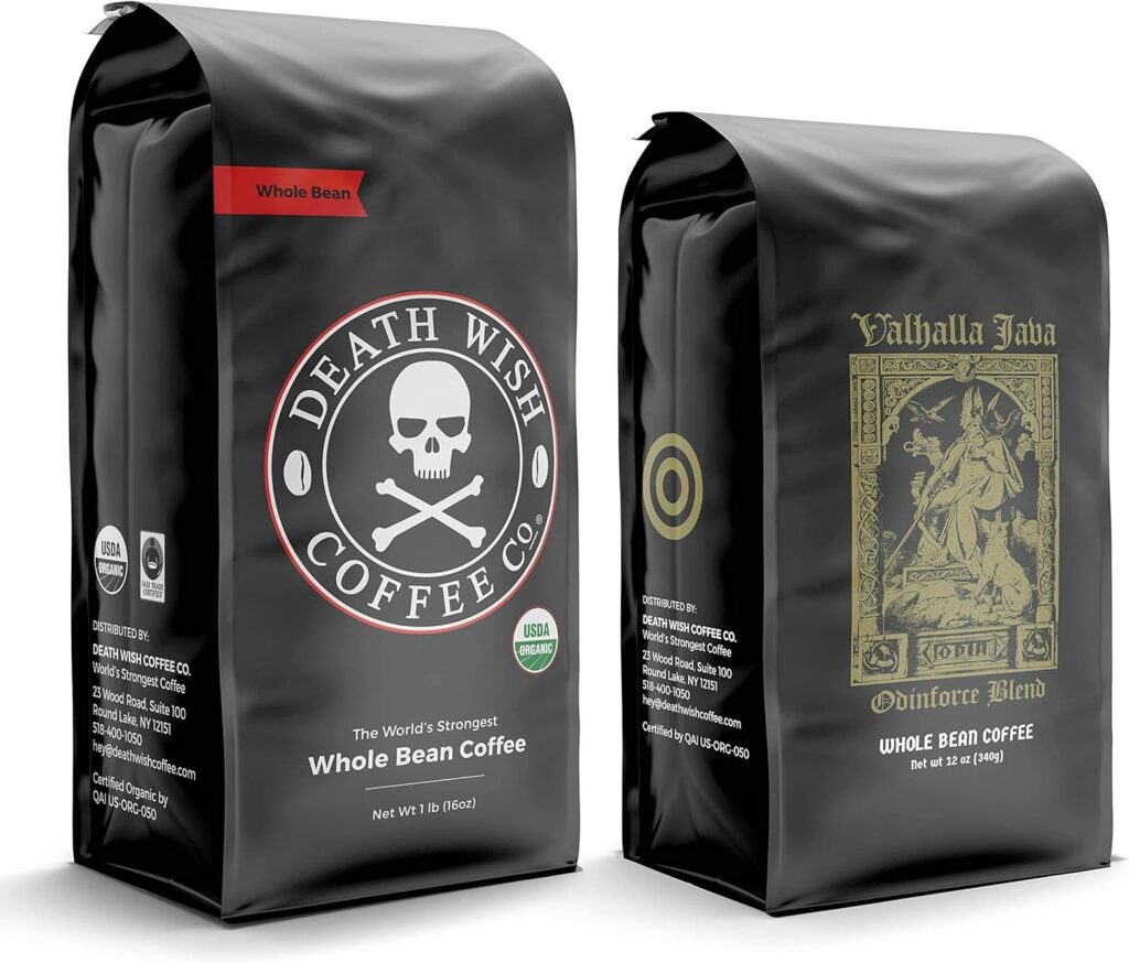 Death Wish Coffee Co. Whole Beans - Extra Kick of Caffeine - 1 lb  Valhalla Java Odinforce Blend 12 oz - Whole Bean Coffee Bundle/Bulk - USDA Certified Organic - Fair Trade - Arabica  Robusta Beans