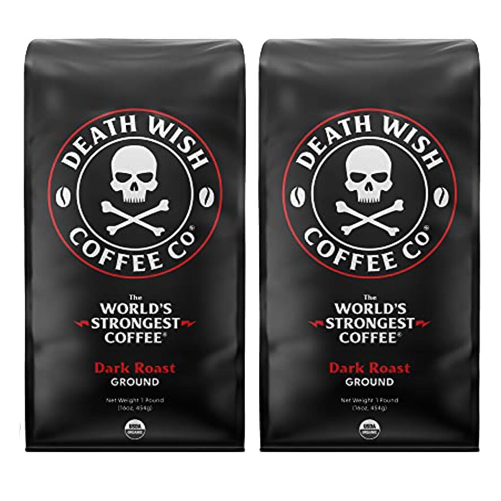 Death Wish Coffee Dark Roast Grounds -16 Oz, The Worlds Strongest Coffee - 2 Packs of Bold  Intense Blend of Arabica  Robusta Beans - USDA Organic Ground Coffee - Double Caffeine for Daily Lift