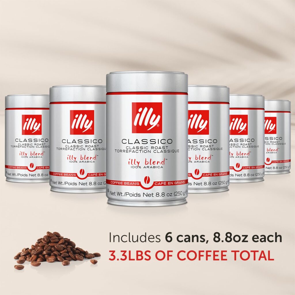 illy Whole Bean Coffee - Perfectly Roasted Whole Coffee Beans – Classico Medium Roast - with Notes of Caramel, Orange Blossom  Jasmine - 100% Arabica Coffee - No Preservatives – 8.8 Ounce, 6 Pack