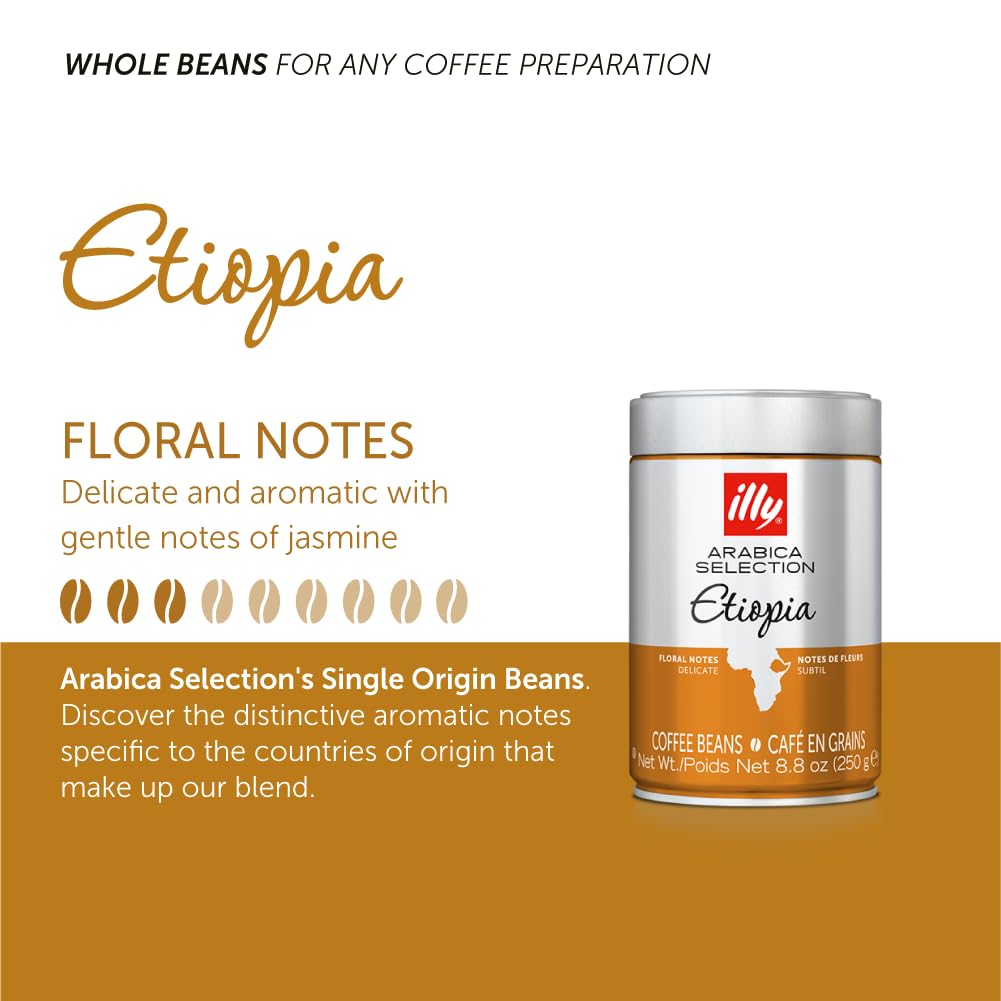 illy Whole Bean Coffee - Perfectly Roasted Whole Coffee Beans – Etiopia Bold Roast – Gentle Notes of Jasmine – Floral Notes - 100% Arabica Coffee - No Preservatives – 8.8 Ounce