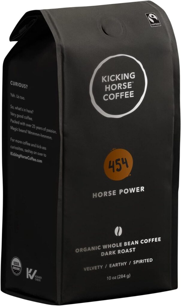 Kicking Horse Coffee, 454 Horse Power, Dark Roast, Whole Bean, 10 oz - Certified Organic, Fairtrade, Kosher Coffee