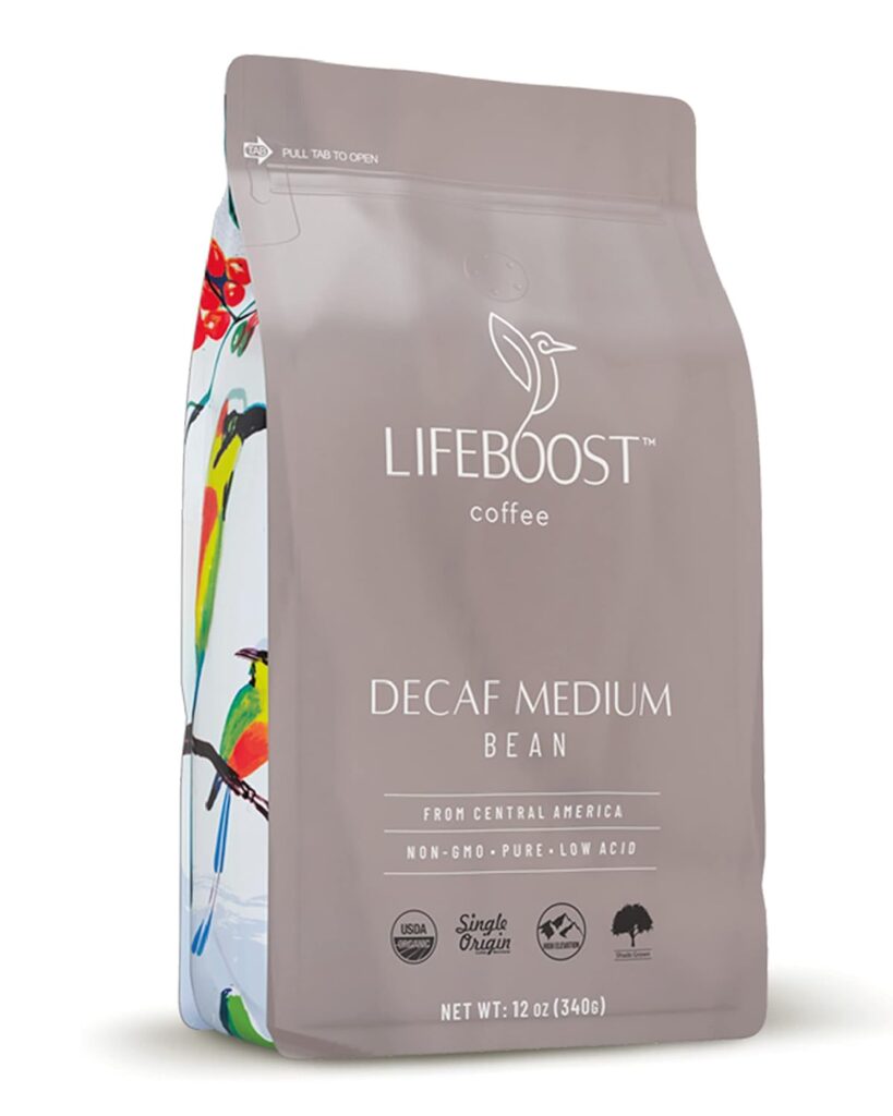 Lifeboost Coffee Medium Decaf Coffee Beans - Swiss Water Decaf Coffee - Low Acid Organic Decaf Coffee Beans - Third Party Tested For Mycotoxins  Pesticides - Whole Bean - 12 Ounces