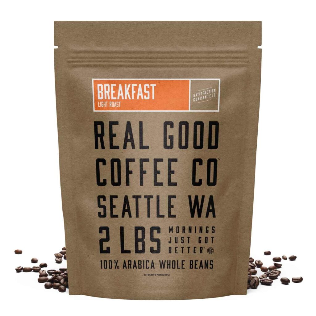 Real Good Coffee Co - Whole Bean Coffee - 2 Pound Bag - Breakfast Blend Light Roast Coffee - Fresh Coffee Beans Roasted and Ground in Seattle, WA -100% Arabica Coffee Beans - Flavored Coffee Beans