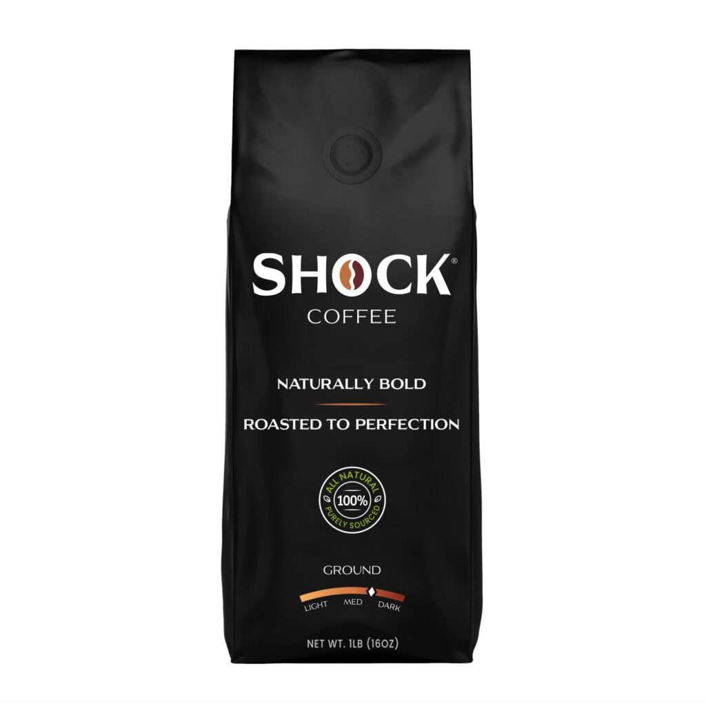 Shock Coffee - Bold all Arabica Med-Dark Roast Ground, Fresh Look - Richer Taste, 1 pound