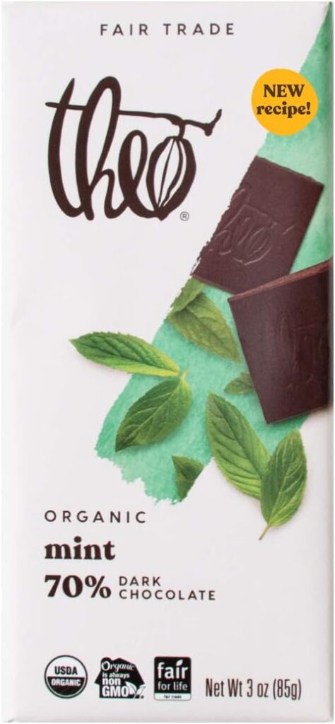 Theo Chocolate Mint Organic Dark Chocolate Bar, 70% Cacao, 1 Bar | Vegan, Fair Trade