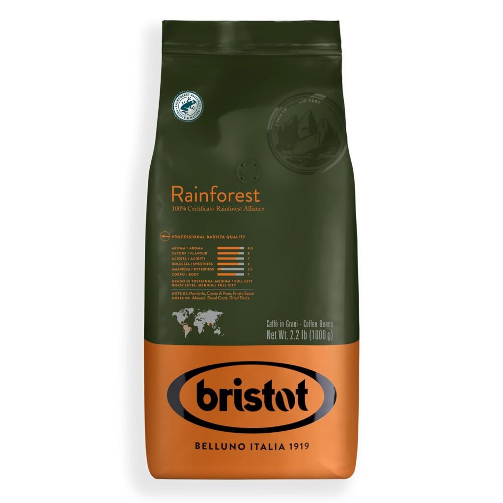 Bristot Rainforest Italian Coffee Beans l Italian Espresso Beans | Medium Roast | 2.2lb/1kg