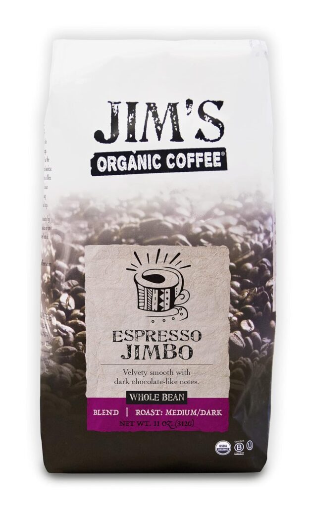 Jim’s Organic Coffee – Espresso Jimbo Blend – Medium/Dark Roast, Whole Bean, 11 oz Bag