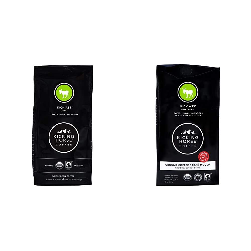 Kicking Horse Coffee, Kick Ass, Dark Roast, Whole Bean, 10 oz  Kick Ass, Dark Roast, Ground, 10 oz - Certified Organic, Fairtrade, Kosher Coffee